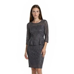 Adrianna Papell Charcoal Lace Peplum Sheath Dress with Three-Quarter Sleeves